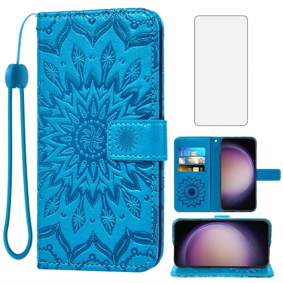 Compatible with Samsung Galaxy S23 5G Wallet Phone Case and Tempered Glass Screen Protector Flip Credit Card Holder Stand Mandala Flower Cell Cover for S 23 23S GS23 G5 SM-S911U 6.1 inch Women Blue