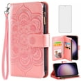 thumbnail image 1 of Compatible with Samsung Galaxy S23 5G Wallet Phone Case and Tempered Glass Screen Protector Flower Faux Leather Flip Credit Card Holder Stand Zipper Cell Cover for S 23 23S SM-S911U 6.1 inch Pink, 1 of 9