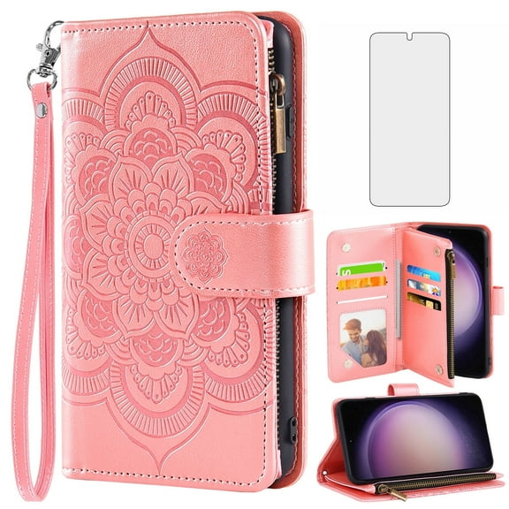 Compatible with Samsung Galaxy S23 5G Wallet Phone Case and Tempered Glass Screen Protector Flower Faux Leather Flip Credit Card Holder Stand Zipper Cell Cover for S 23 23S SM-S911U 6.1 inch Pink
