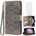 thumbnail image 1 of Compatible with Samsung Galaxy S23 5G Wallet Phone Case and Tempered Glass Screen Protector Flower Faux Leather Flip Credit Card Holder Stand Zipper Cell Cover for S 23 23S SM-S911U 6.1 inch Grey, 1 of 9
