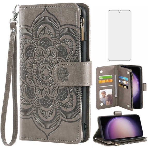 Compatible with Samsung Galaxy S23 5G Wallet Phone Case and Tempered Glass Screen Protector Flower Faux Leather Flip Credit Card Holder Stand Zipper Cell Cover for S 23 23S SM-S911U 6.1 inch Grey