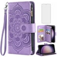 thumbnail image 1 of Compatible with Samsung Galaxy S23 5G Wallet Phone Case and Tempered Glass Screen Protector Flower Faux Leather Flip Credit Card Holder Stand Zipper Cell Cover for S 23 23S SM-S911U 6.1 inch Purple, 1 of 9