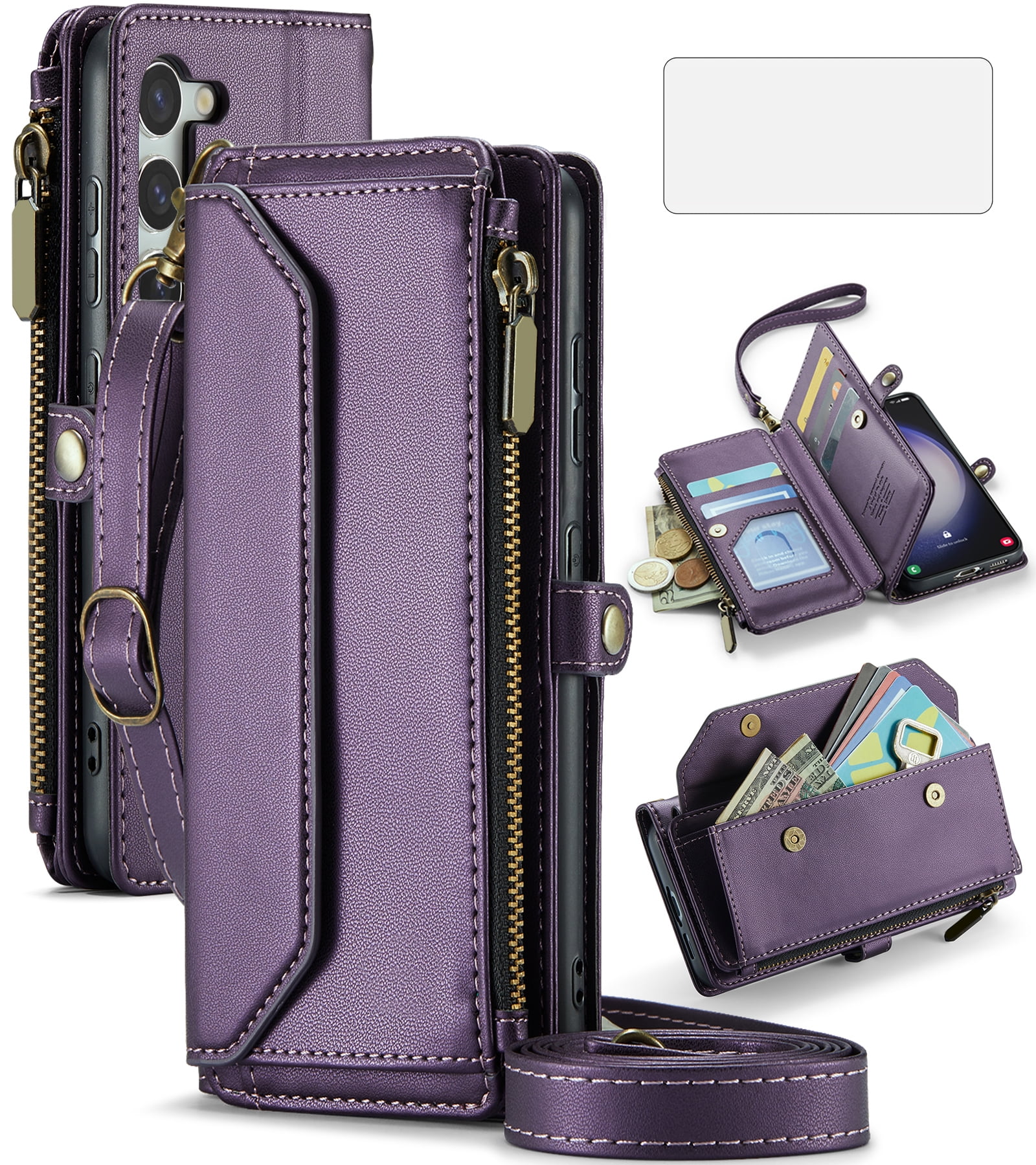 Compatible with Samsung Galaxy S23 5G Zipper Wallet Phone Case Tempered Glass Screen Protector Crossbody Lanyard Strap Flip Card Holder Slot Cell Cover for S 23 23S GS23 G5 SM-S911U 6.1 Women Purple