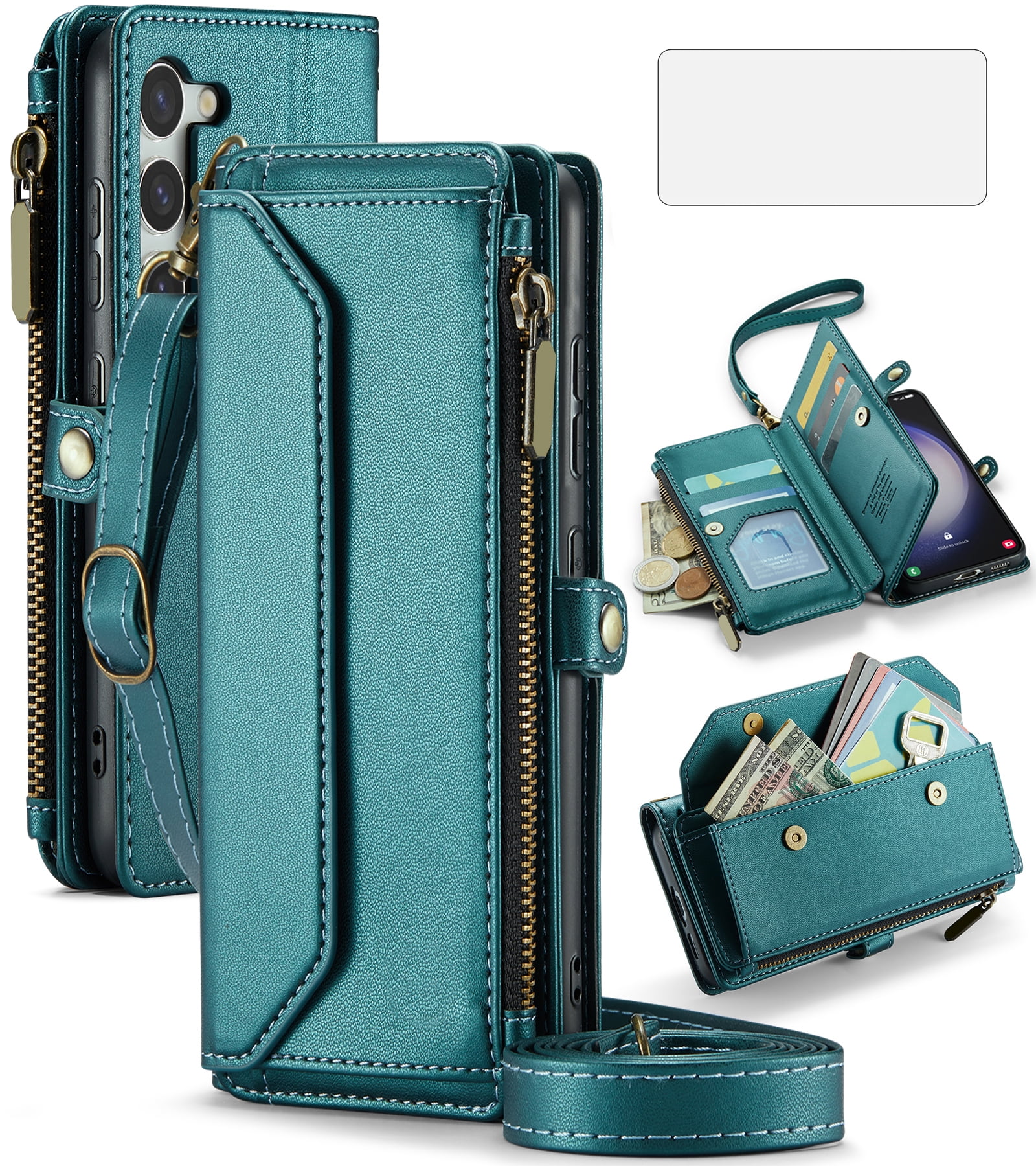 Compatible with Samsung Galaxy S23 5G Zipper Wallet Phone Case Tempered Glass Screen Protector Crossbody Lanyard Strap Flip Card Holder Slot Cell Cover for S 23 23S GS23 G5 SM-S911U 6.1 Women Green