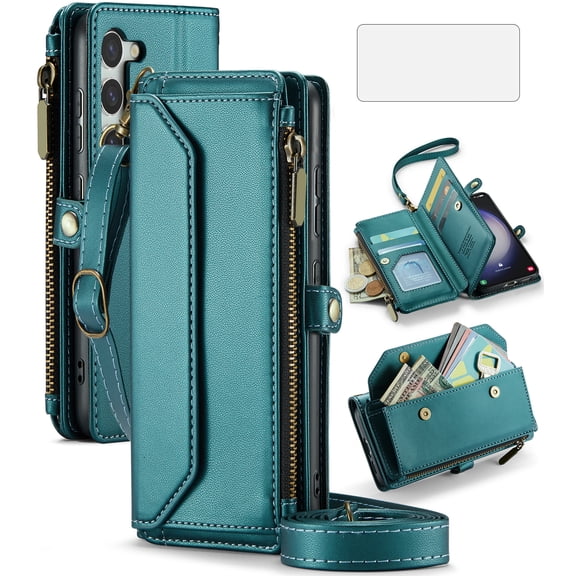 Compatible with Samsung Galaxy S23 5G Zipper Wallet Phone Case Tempered Glass Screen Protector Crossbody Lanyard Strap Flip Card Holder Slot Cell Cover for S 23 23S GS23 G5 SM-S911U 6.1 Women Green