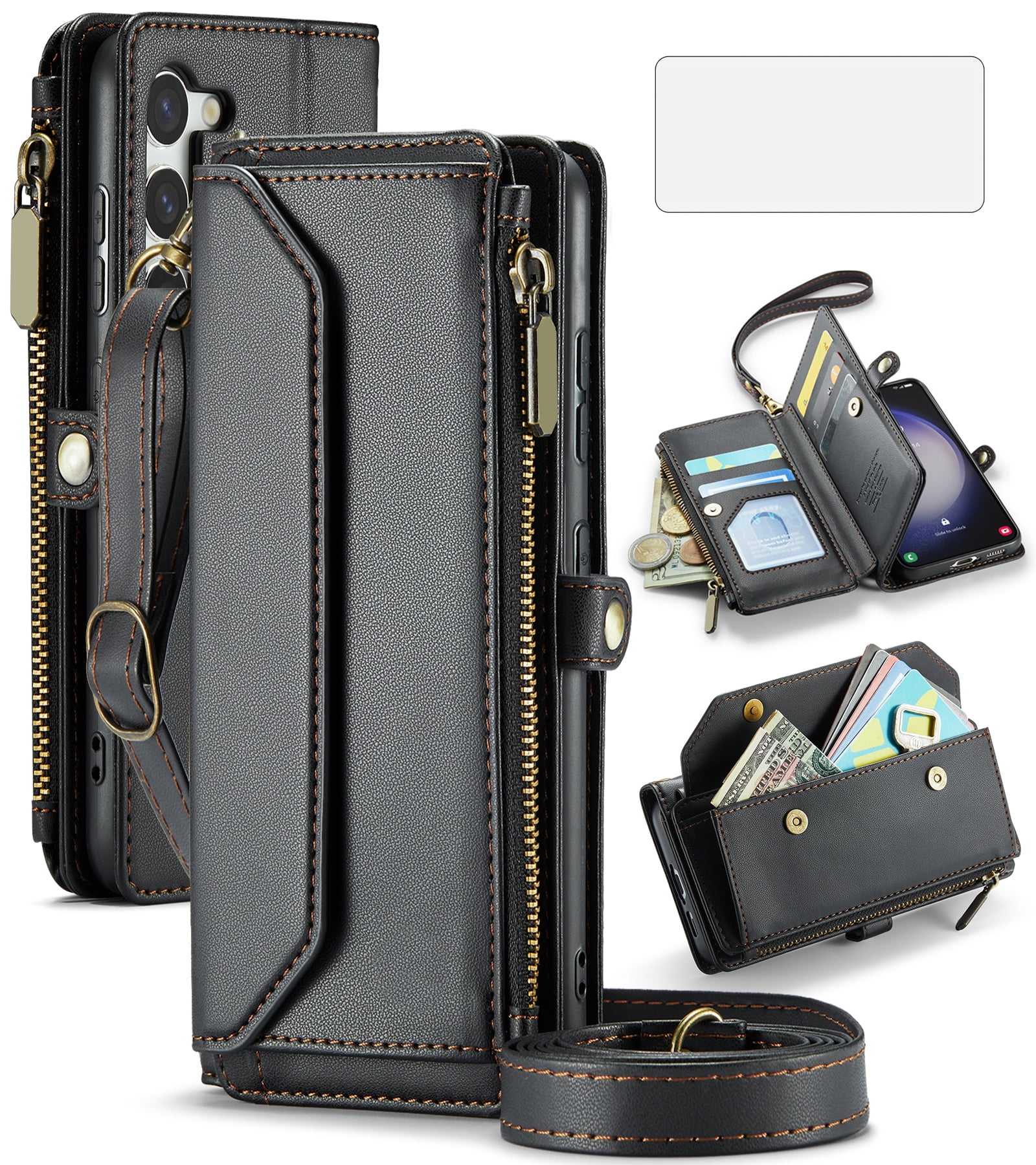 Compatible with Samsung Galaxy S23 5G Zipper Wallet Phone Case Tempered Glass Screen Protector Crossbody Lanyard Strap Flip Card Holder Slot Cell Cover for S 23 23S GS23 G5 SM-S911U 6.1 Women Black