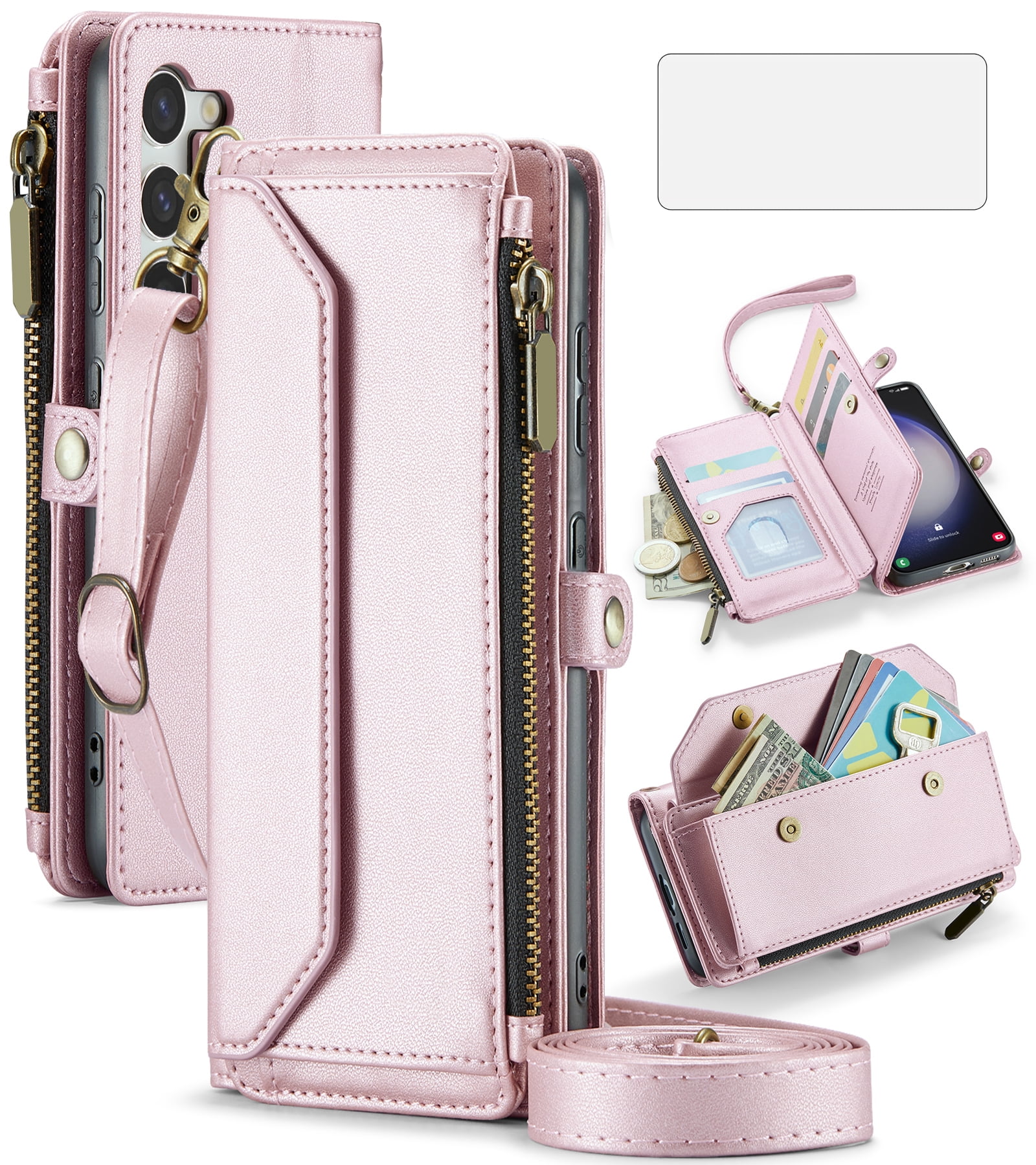 Compatible with Samsung Galaxy S23 5G Zipper Wallet Phone Case Tempered Glass Screen Protector Crossbody Lanyard Strap Flip Card Holder Slot Cell Cover for S 23 23S GS23 G5 SM-S911U Women Rose Gold