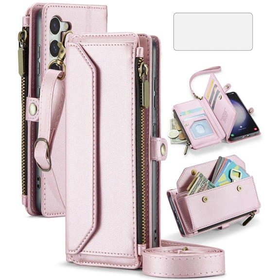 Compatible with Samsung Galaxy S23 5G Zipper Wallet Phone Case Tempered Glass Screen Protector Crossbody Lanyard Strap Flip Card Holder Slot Cell Cover for S 23 23S GS23 G5 SM-S911U Women Rose Gold