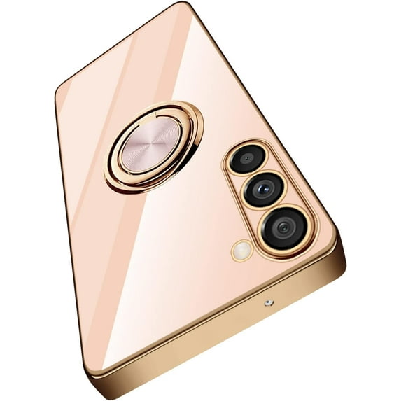 Compatible with Samsung Galaxy S23 5g Case Cell Phone Ultra Slim Thin with Ring 360°Finger Stand Metal Electroplated Soft TPU Frame Full Body Shock-Absorption Bumper Hard Back Mobile Cover-Pink
