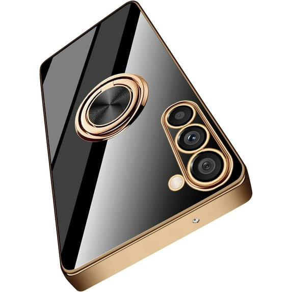 Compatible with Samsung Galaxy S23 5g Case Cell Phone Ultra Slim Thin with Ring 360°Finger Stand Metal Electroplated Soft TPU Frame Full Body Shock-Absorption Bumper Hard Back Mobile Cover-Black