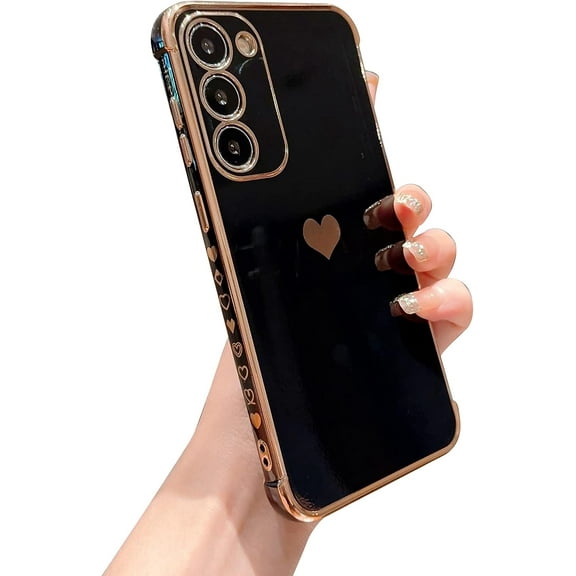 Compatible with Samsung Galaxy S23 5g Phone Case Elegant Cute Love Heart Luxury Plating Side Pattern Case Soft Silicone Shockproof Camera Protective Bumper Galaxy S23 Case (Black)