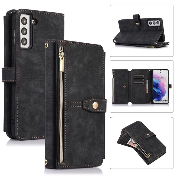 Compatible with Samsung Galaxy S23 6.1" Wallet Case, 2 in 1 Magnetic Wallet Case with Card Holder, Zipper, PU Leather Flip Cover Case with Detachable Long Shoulder Strap,Card Slots,Black
