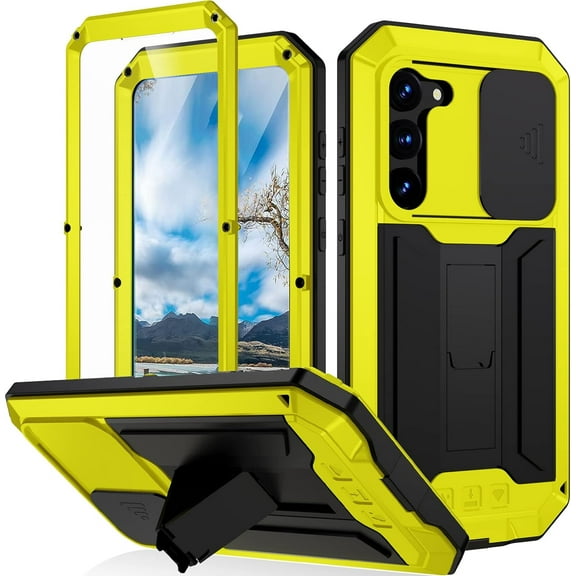 Compatible Samsung Galaxy S23 Case with Camera Cover and Screen Protector,6ft Drop Tested Full Body Protective Metal Case for Samsung S23 Case Galaxy S23 Phone Case Men Yellow