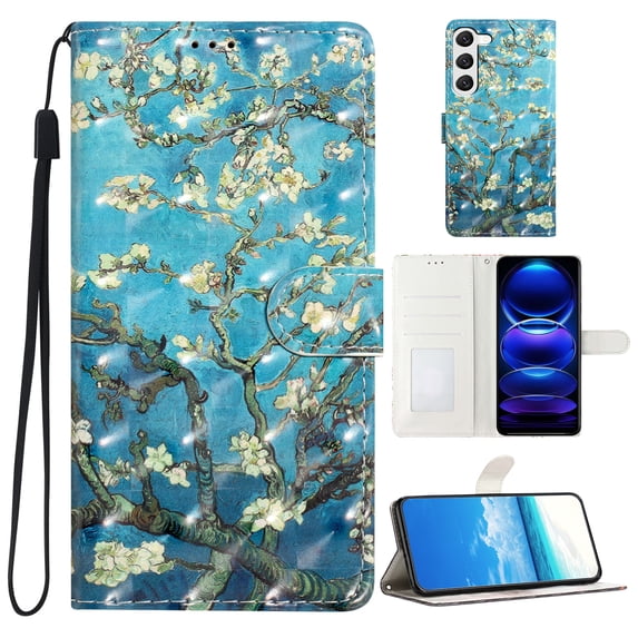 Compatible with Samsung Galaxy S23 Case, Colored Drawing Wallet Women Girls PU Leather Case with Card Slots/Cash Pocket Wrist Strap Magnetic Flip Stand Book Kickstand Cover, Blue Apricot Flower