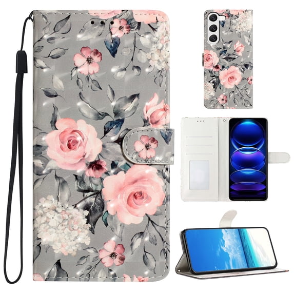 Compatible with Samsung Galaxy S23 Case, Colored Drawing Wallet Women Girls PU Leather Case with Card Slots/Cash Pocket Wrist Strap Magnetic Flip Stand Book Kickstand Cover, Gray Bottom Flower