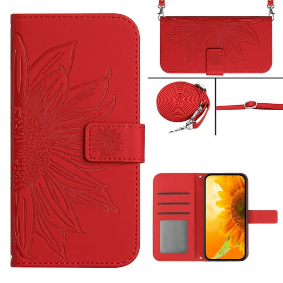 Compatible with Samsung Galaxy S23 Case, Flower Embossed Wallet PU Leather Case with Card Holder Slots Protective Heavy Duty Folio Cover Crossbody Strap Case Cover for S23, Red