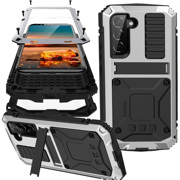 Compatible Samsung Galaxy S23 Case Metal Silicone with Kickstand Built-in Screen Protector,Military Grade Shockproof Full Body Protection Metal Case for Galaxy S23 Phone Case Silver