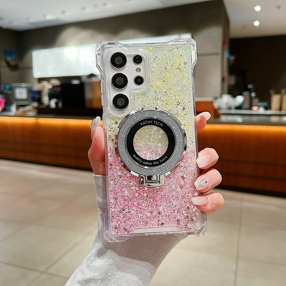 Compatible with Samsung Galaxy S23 Case for Women Girls Gradient Color Kickstand Glitter Sparkle Bling Shiny Cute Bumper Clear[No-Yellowing] Reinforced Corners Protective Cover, Yellow+Pink