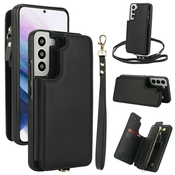 Compatible with Samsung Galaxy S23 Crossbody Wallet Phone Case,RFID Blocking PU Leather Shockproof Phone Case Women Men Kickstand flip Back Wrist Strap Zipper Credit Card Holder Slots,Black