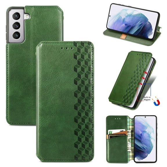 Compatible for Samsung Galaxy S23, Embossed Pattern PU Leather Magnetic Closure Suction Flip Cover with Credit Card Slots Kickstand Soft Silicone Anti-Scratches Shockproof Case, Green
