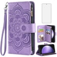 thumbnail image 1 of Compatible with Samsung Galaxy S23 FE 5G Wallet Phone Case and Tempered Glass Screen Protector Flower Faux Leather Flip Credit Card Holder Stand Zipper Cell Cover for S 23 EF S23FE 23S Women Purple, 1 of 9
