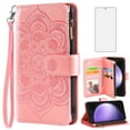 thumbnail image 1 of Compatible with Samsung Galaxy S23 FE 5G Wallet Phone Case and Tempered Glass Screen Protector Flower Faux Leather Flip Credit Card Holder Stand Zipper Cell Cover for S 23 EF S23FE 23S Women Pink, 1 of 9