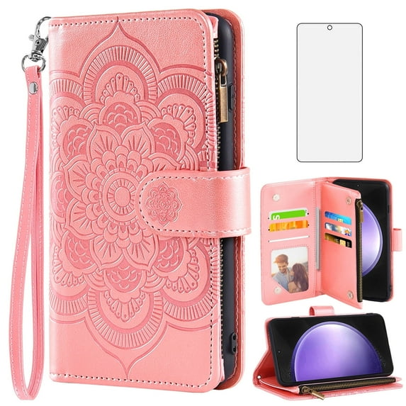 Compatible with Samsung Galaxy S23 FE 5G Wallet Phone Case and Tempered Glass Screen Protector Flower Faux Leather Flip Credit Card Holder Stand Zipper Cell Cover for S 23 EF S23FE 23S Women Pink