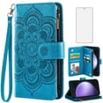 thumbnail image 1 of Compatible with Samsung Galaxy S23 FE 5G Wallet Phone Case and Tempered Glass Screen Protector Flower Faux Leather Flip Credit Card Holder Stand Zipper Cell Cover for S 23 EF S23FE 23S Women Blue, 1 of 9