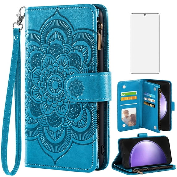 Compatible with Samsung Galaxy S23 FE 5G Wallet Phone Case and Tempered Glass Screen Protector Flower Faux Leather Flip Credit Card Holder Stand Zipper Cell Cover for S 23 EF S23FE 23S Women Blue