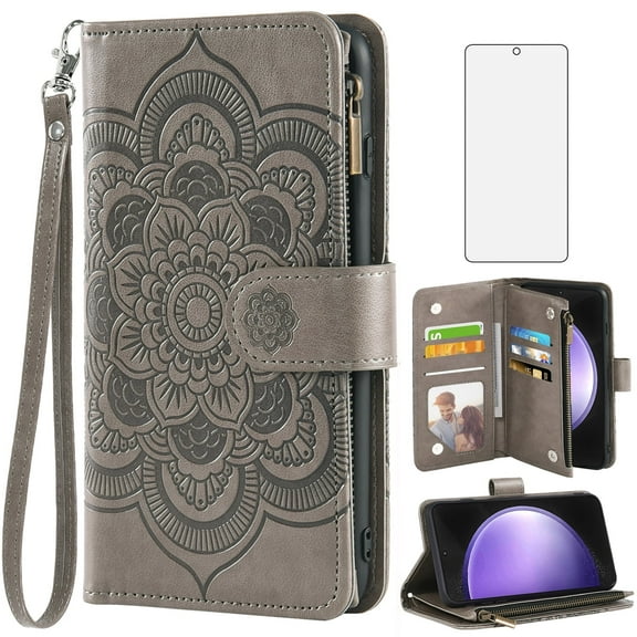 Compatible with Samsung Galaxy S23 FE 5G Wallet Phone Case and Tempered Glass Screen Protector Flower Faux Leather Flip Credit Card Holder Stand Zipper Cell Cover for S 23 EF S23FE 23S Women Grey