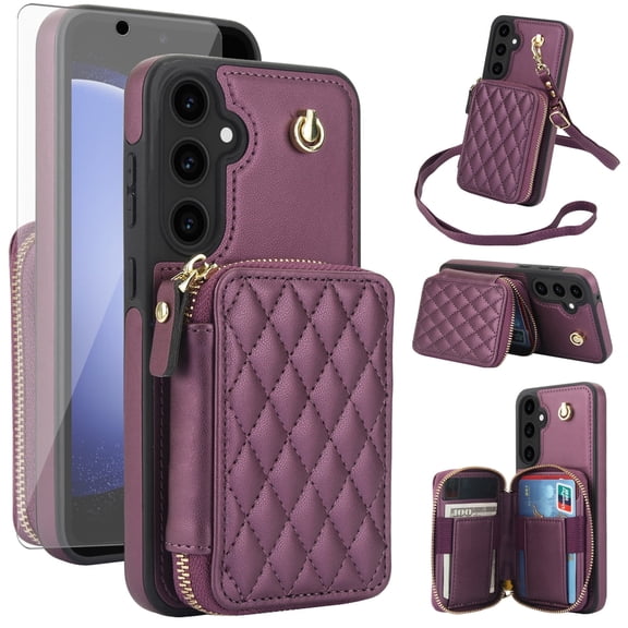 Compatible with Samsung Galaxy S23 FE 5G Wallet Phone Case Tempered Glass Screen Protector Wrist Crossbody Strap Stand Credit Card Holder RFID Slot Cell Cover for S 23 EF 23FE Women Girls Dark Purple