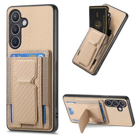 Compatible for Samsung Galaxy S23 FE Carbon Fiber Texture Wallet Case with Credit Card Slots, Shockproof Protection Business PU Leather Flip Kickstand Phone Cover for Galaxy S23 FE, Khaki