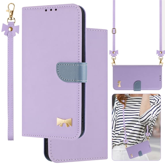 Compatible with Samsung Galaxy S23 FE Crossbody Wallet Case,RFID Blocking Card Holder Slots Soft PU Leather+Inner TPU Magnetic Closure Shoulder Strap& Wrist Strap Bow Design Phone Case,Purple