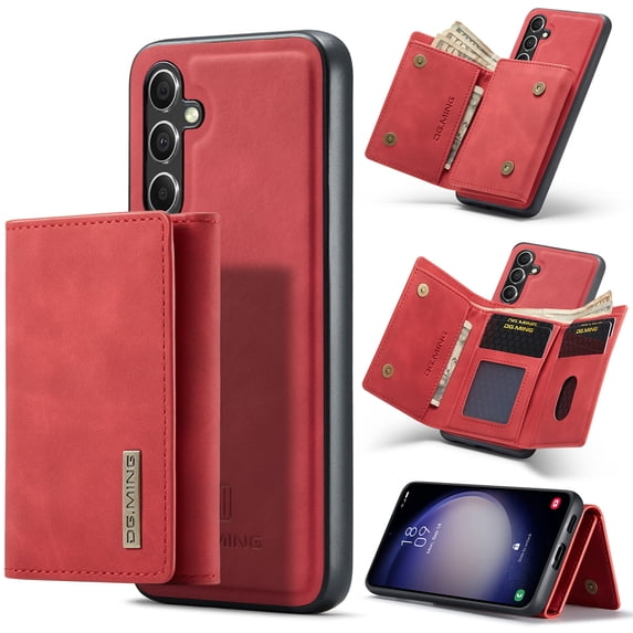 Compatible with Samsung Galaxy S23 FE Removable 2 in 1 Wallet Case,Retro Premium PU Leather Cell Phone Back Cover Magnetic Detachable with Trifold Wallet Credit Card Cash Holder Kickstand Case,Red