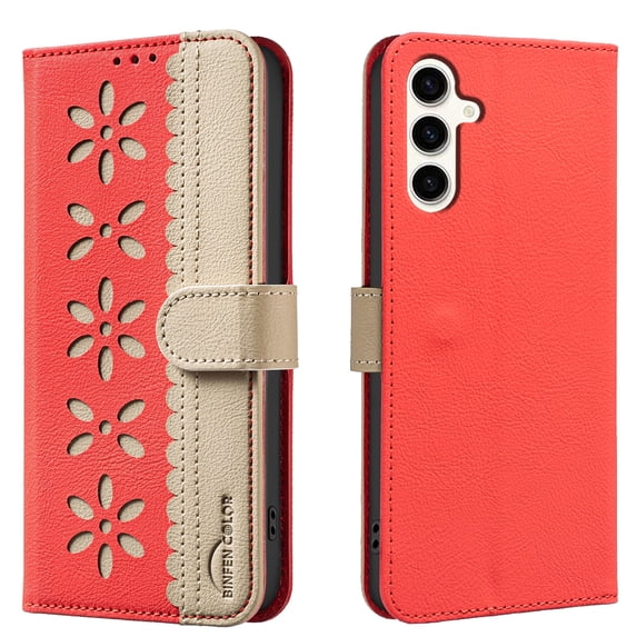 Compatible with Samsung Galaxy S23 FE Wallet Case with Card Holder, Premium PU Leather Floral Design Flip Cover with Kickstand Magnetic Closure, RFID Blocking Phone Case for S23 FE, Red
