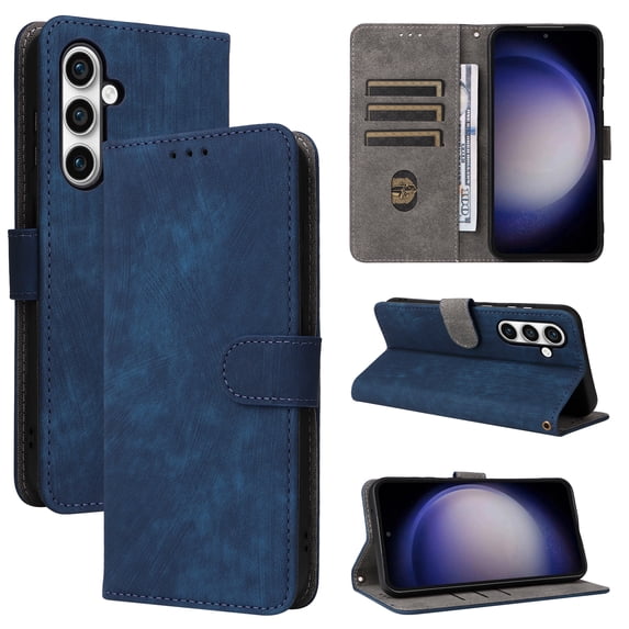 Compatible with Samsung Galaxy S23 FE Wallet Case RFID Blocking with Card Holder,Women Men Retro PU Leather Protective Case Magnetic Closure Flip Kickstand Cover with Wrist Strap,Blue