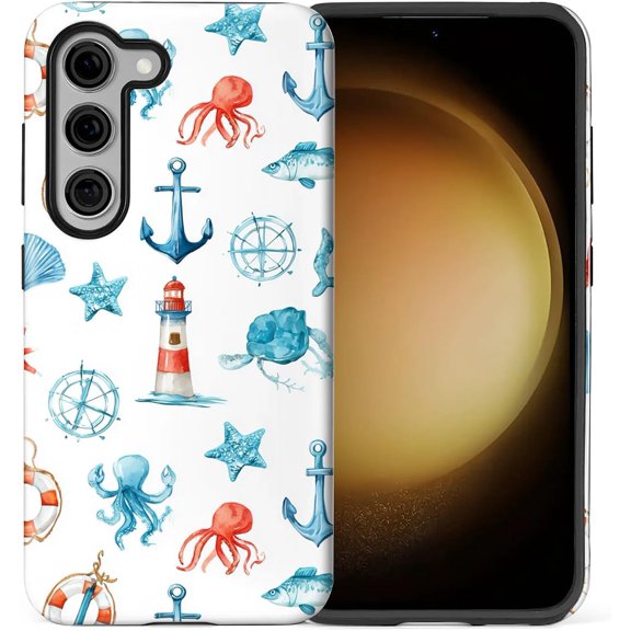 Compatible with Samsung Galaxy S23 Full Body Matte Case Hard Shell Shockproof Screen Lens Protection for Girl Boy Cute Pattern Watercolor Hand Drawn Style Coastal Nautical