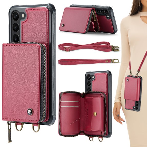 Compatible With Samsung Galaxy S23 Phone Case Zipper Card Pocket Kicktstand Crossbody Strap PU Leather Shock-absorbent Anti-Fingerprint Lightweight Luxury Plain Cover for Men or Women,Red