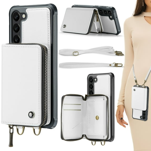 Compatible With Samsung Galaxy S23 Phone Case Zipper Card Pocket Kicktstand Crossbody Strap PU Leather Shock-absorbent Anti-Fingerprint Lightweight Luxury Plain Cover for Men or Women,White
