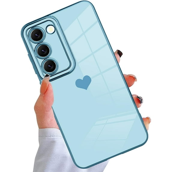 Compatible with Samsung Galaxy S23 Plus 5G Case Cute Luxury Love Heart Plating Gold Bumper Upgraded Full Camera Protection Soft TPU Shockproof Anti-Scratch Phone Cover-Blue