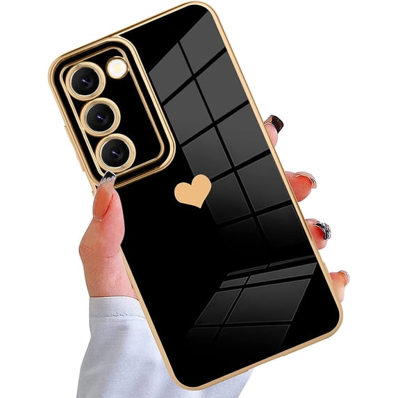 Compatible with Samsung Galaxy S23 Plus 5G Case Cute Luxury Love Heart Plating Gold Bumper Upgraded Full Camera Protection Soft TPU Shockproof Anti-Scratch Phone Cover-Black