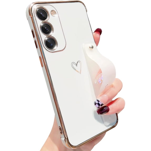 Compatible with Samsung Galaxy S23 Plus 5G Case for Women Girls£¬ Cute Heart Pattern TPU Plating case with Adjustable Wrist Strap case for Samsung Galaxy S23 Plus-White