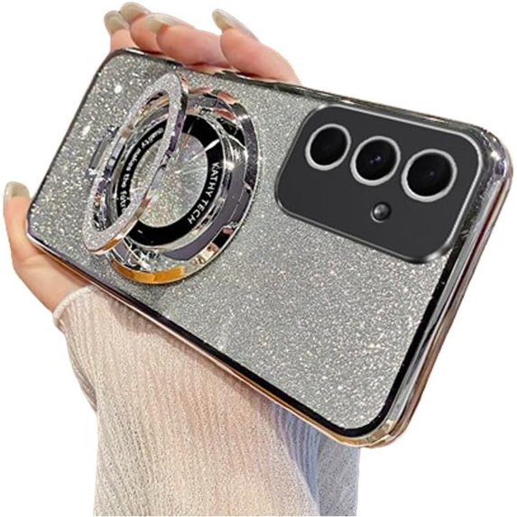 Compatible with Samsung Galaxy S23 Plus Case Glitter Sparkly Camera Protection Cute Luxury Plating Phone Case with Kickstand Shockproof Protective Case for Samsung Galaxy S23 Plus Sliver DS