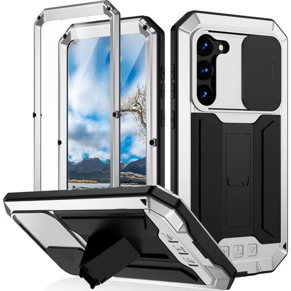 Compatible Samsung Galaxy S23 Plus Case Metal Silicone [ Camera Cover and Screen Protector],Military Shockproof Dustproof Case for Galaxy S23+ Case Samsung S23 Plus Phone Case with Stand Silver