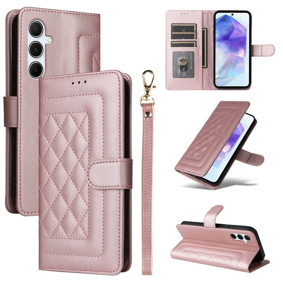 Compatible with Samsung Galaxy S23 Plus Case, Premium Leather Wallet Book Case Magnetic Flip RFID Blocking Credit Card Holder Kickstand with Wrist Strap Shock Absorbing Case, Rosegold