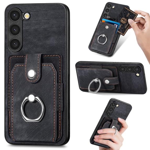 Compatible with Samsung Galaxy S23 Plus, Classic Card Slots 360 Rotating Finger Ring Kickstand PU Leather + TPU Frame Magnetic Closure Back Case Cover for Samsung Galaxy S23 Plus, Black