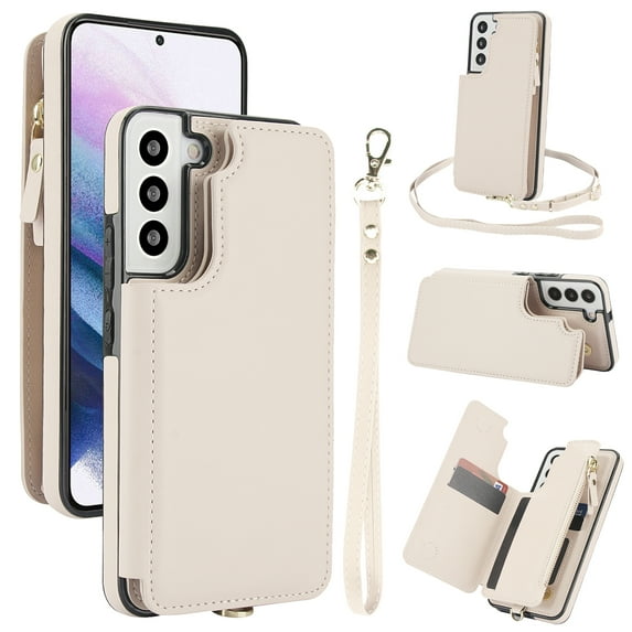 Compatible with Samsung Galaxy S23 Plus Crossbody Wallet Phone Case,RFID Blocking PU Leather Shockproof Phone Case Women Men Kickstand flip Back Wrist Strap Zipper Credit Card Holder Slots,White