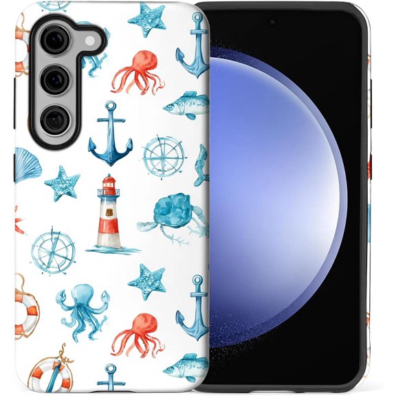 Compatible with Samsung Galaxy S23 Plus Full Body Matte Case Hard Shell Shockproof Screen Lens Protection for Girl Boy Cute Pattern Watercolor Hand Drawn Style Coastal Nautical