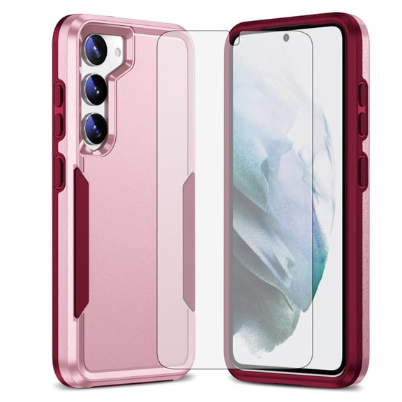 Compatible with Samsung Galaxy S23 Plus S23+ 5G Phone Case Glass Screen Protector Hybrid Rugged Shockproof Hard Protective Drop Proof Full Body Heavy Duty Mobile Cell Cover for S23plus 23S 23+ Pink