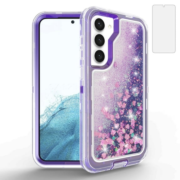 Compatible with Samsung Galaxy S23 Plus S23+ 5G Phone Case Tempered Glass Screen Protector Bling Liquid Glitter Clear Hybrid Shockproof TPU Military Grade Protective Heavy Duty Cell Cover Purple